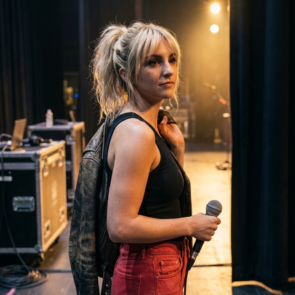 Sadie Wynford backstage holding a microphone under warm stage lights