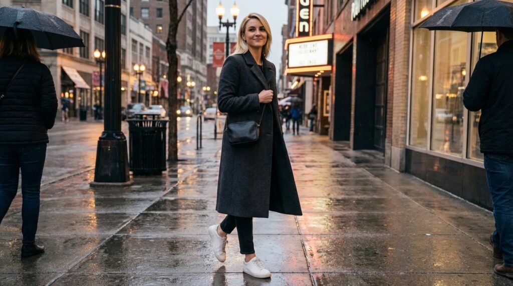 Sadie Wynford walking on a rainy city street at dusk