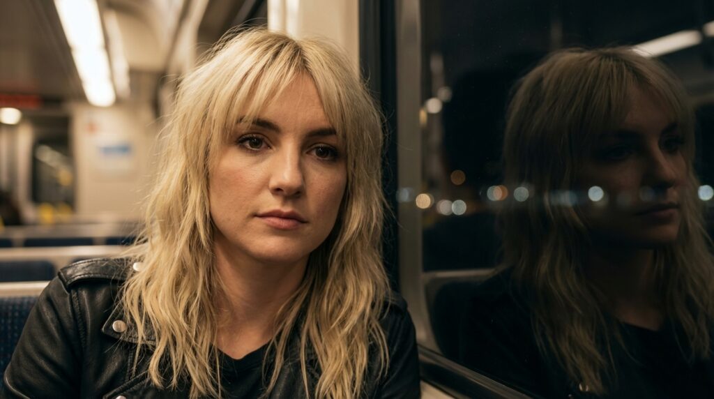 Sadie Wynford on a subway with her reflection in the window