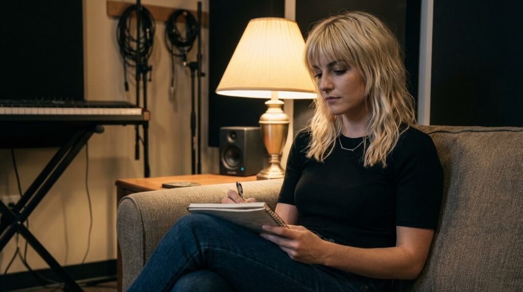 Sadie Wynford sitting on a couch in a music studio, writing in a notebook with studio gear and a warm lamp in the background